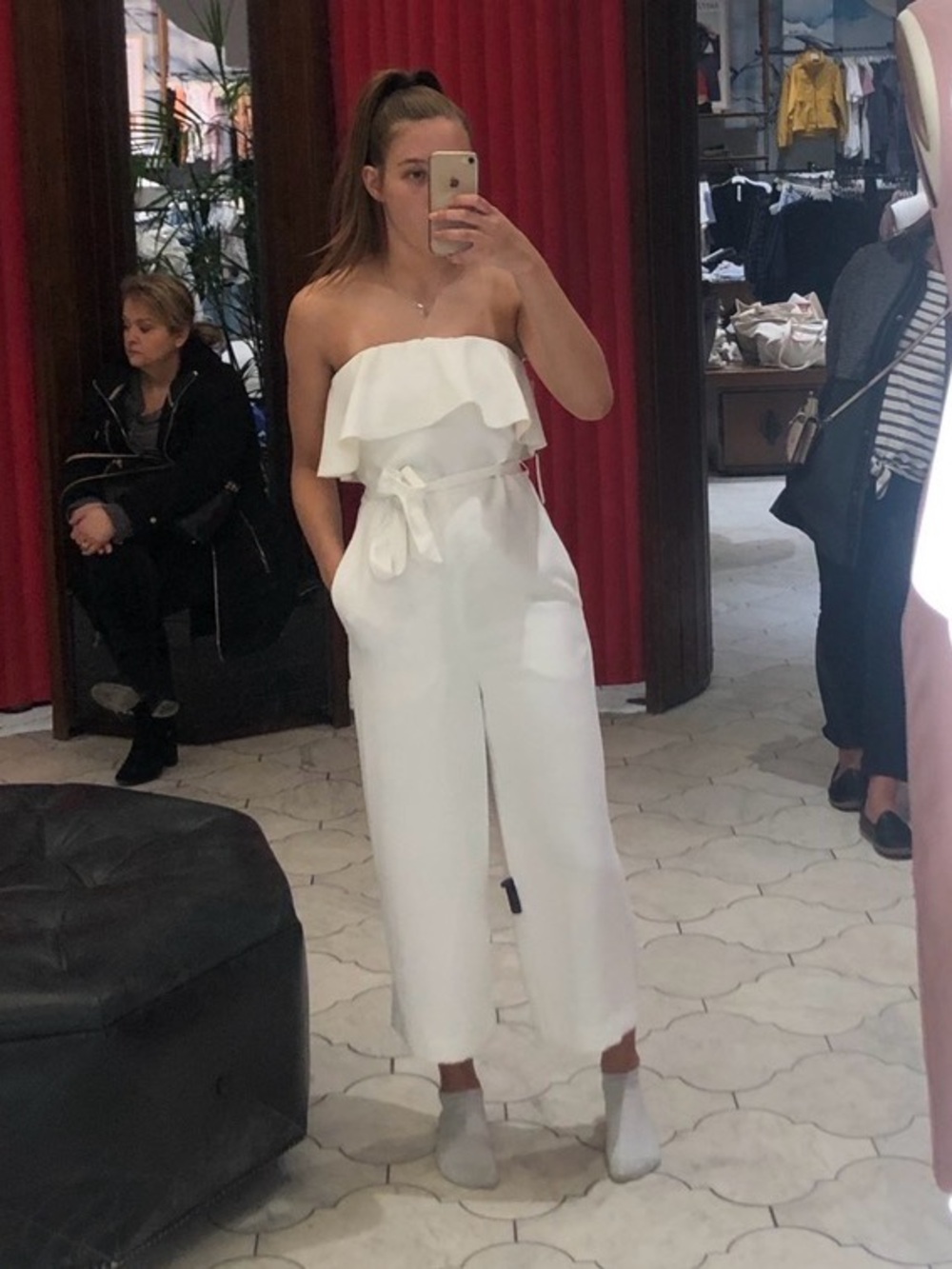 Aritzia Strapless White Ruffle-Waist Jumpsuit